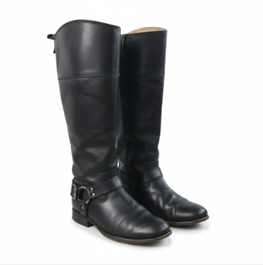 FRYE Melissa Harness Leather Riding Boot Sz 7B Black Extended Calf Whimsigoth